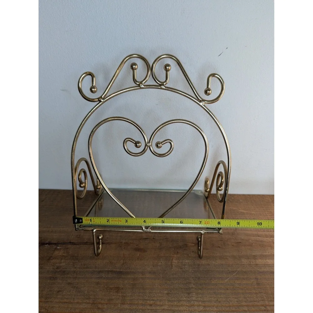 Home Interior Vtg Heart Gold Metal Glass Wall Shelf Ornate Scrollwork 2 Hooks
